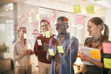 team of happy freelancers brainstorming in front of mind map o glass wall during business project in the office. Focus is on African American man. The view is through the glass.