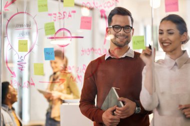 Happy businessman and his female colleague writing mind map while brainstorming in front of glass wall at casual office. 