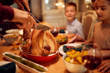 Close-up of grandfather carving Thanksgiving turkey during family meal at dining table.