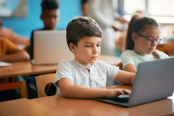 Schoolboy His Classmates Studying Laptops While Having Class Classroom — Stock Fotó