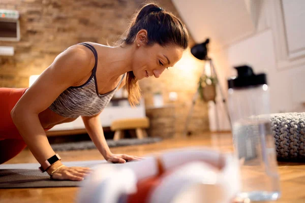 Happy Female Athlete Practicing Push Ups Home Workout — Stockfoto