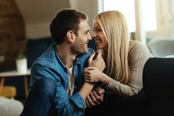 Happy Couple Love Talking Face Face While Relaxing Home — Photo