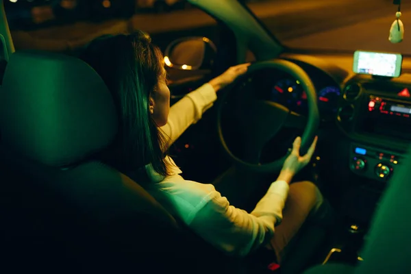 Back View Woman Enjoying Night Ride Her Car — Stockfoto