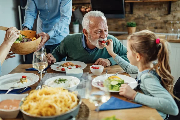 Little Girl Feeding Her Grandfather While Having Family Lunch Dining — Foto Stock