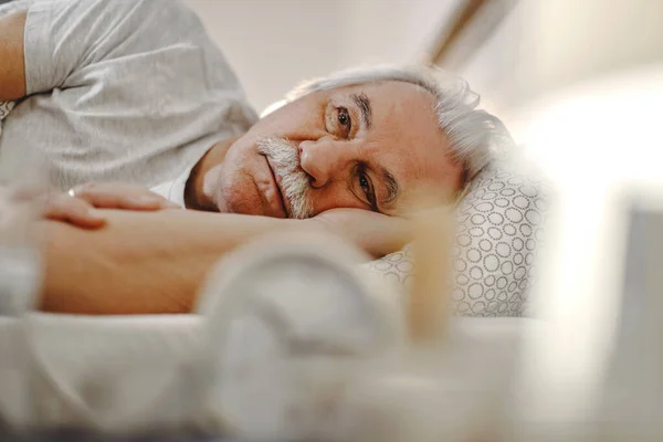 Pensive Mature Man Feeling Sleepless Thinking Something While Resting Bedroom — Stockfoto