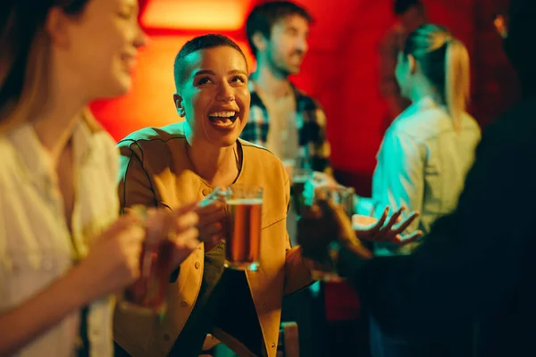 Young Happy Black Woman Drinking Beer Having Fun While Being — Foto de Stock