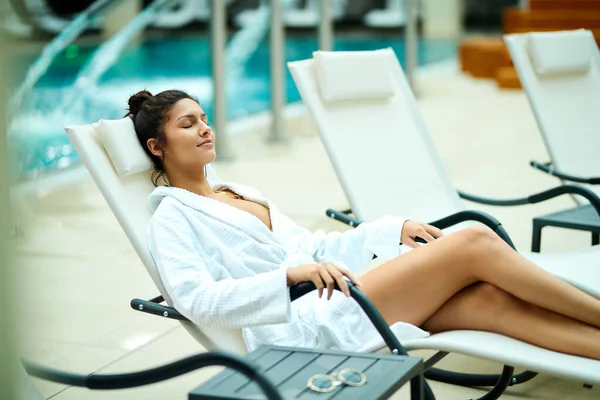 Relaxed Woman Bathrobe Enjoying Her Day Wellness Center — Stockfoto