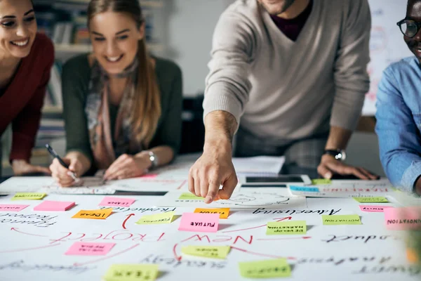 Close Freelancers Brainstorming While Working Mind Map Business Meeting Office — Stockfoto