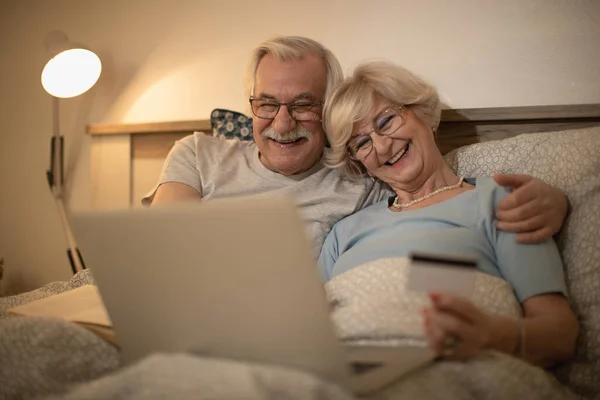 Cheerful Senior Couple Shopping Internet Laptop Credit Card While Resting — Photo