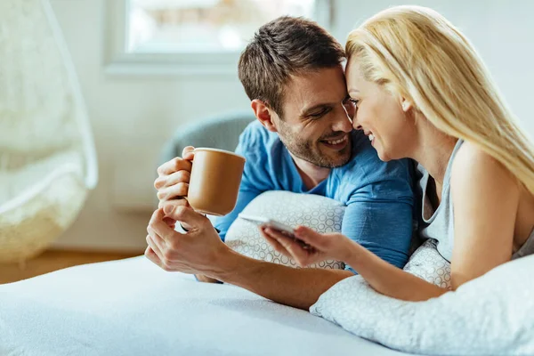 Affectionate Couple Talking While Lying Bed Morning — Foto de Stock