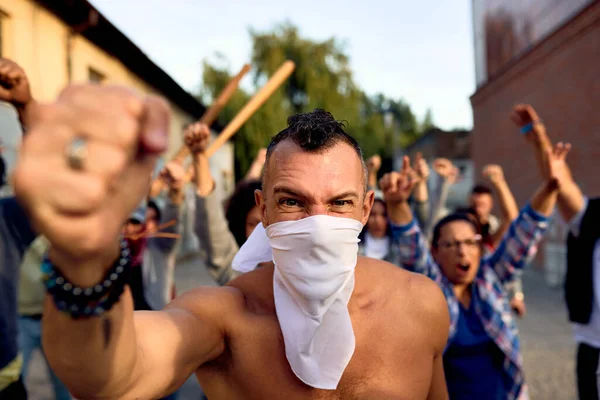 Furious Man Clenched Fist Looking Camera While Protesting Crowd People — Photo