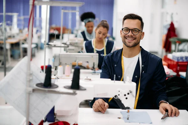 Happy Male Textile Worker Sewing Production Line Looking Camera — Zdjęcie stockowe