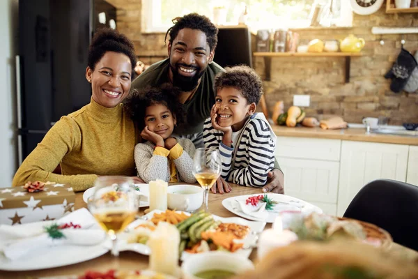 Happy African American Family Gathering Dining Table Christmas Lunch Looking — Foto de Stock