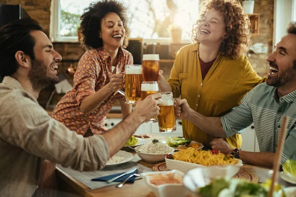 Group Young Cheerful People Toasting Friends Having Fun While Having — Foto de Stock