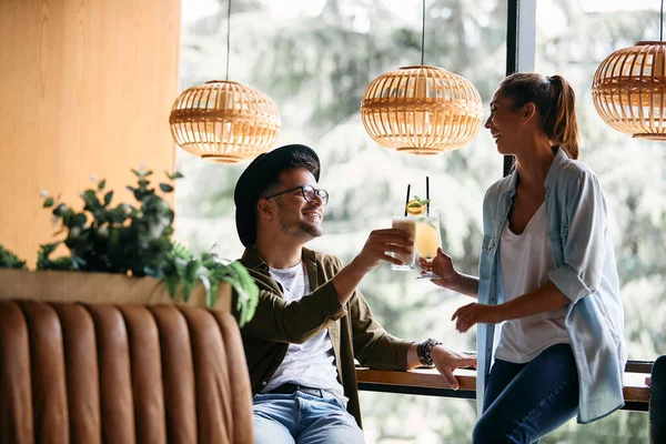 Happy Couple Toasting Having Fun While Relaxing Cafe —  Fotos de Stock