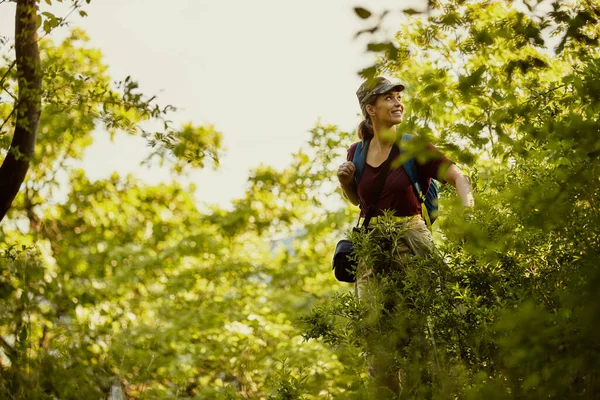 Young Happy Woman Backpack Hiking Greenery Forest Copy Space — стоковое фото