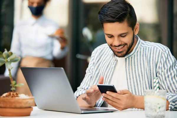 Happy Man Texting Mobile Phone While Using Laptop Relaxing Reopened — Stock Fotó