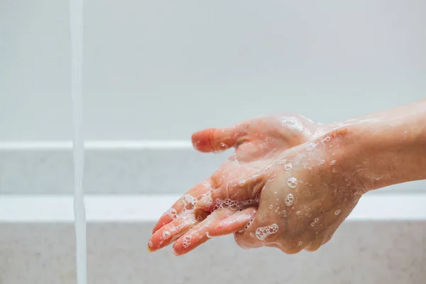 Close Woman Cleaning Hands Soap Bathroom — Stockfoto