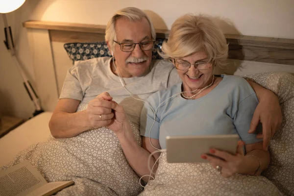 Happy Senior Woman Her Husband Holding Hands While Using Touchpad — Photo