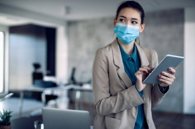 Pensive businesswoman working on touchpad while wearing protective face mask in the office. 