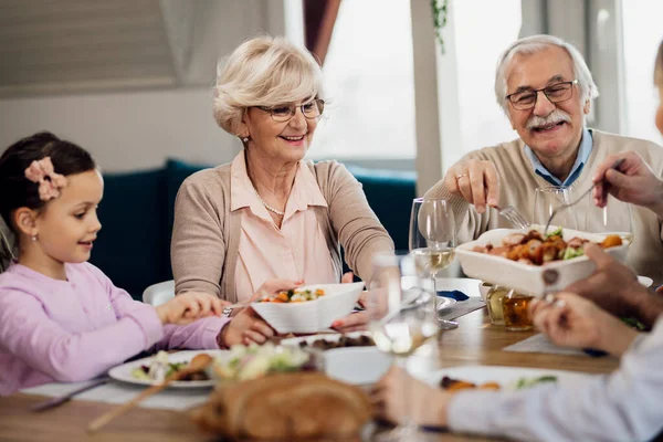 Happy Senior Couple Enjoying Family Lunch Dining Room — Zdjęcie stockowe