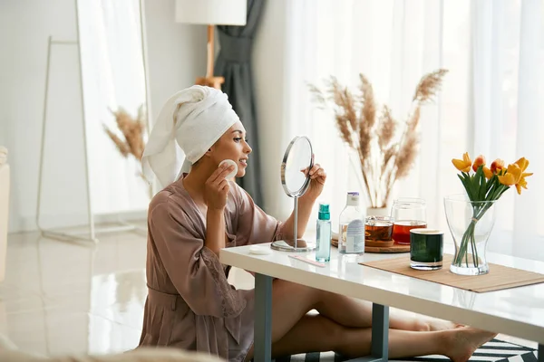 Young Woman Removing Make Cotton Pad While Looking Herself Mirror — Φωτογραφία Αρχείου