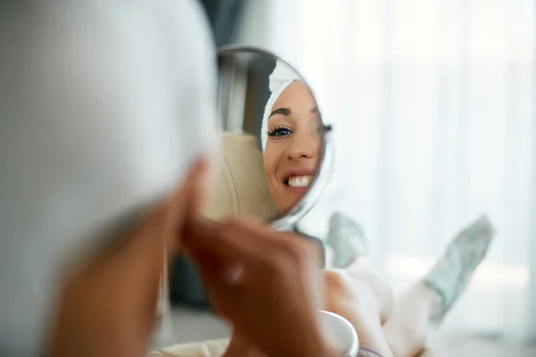 Closed Young Beautiful Woman Looking Herself Mirror Home — Stock Photo, Image