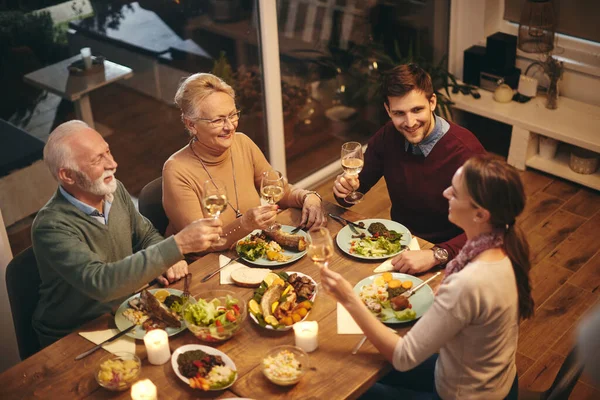 High Angle View Happy Senior Woman Toasting Her Family While — Foto Stock