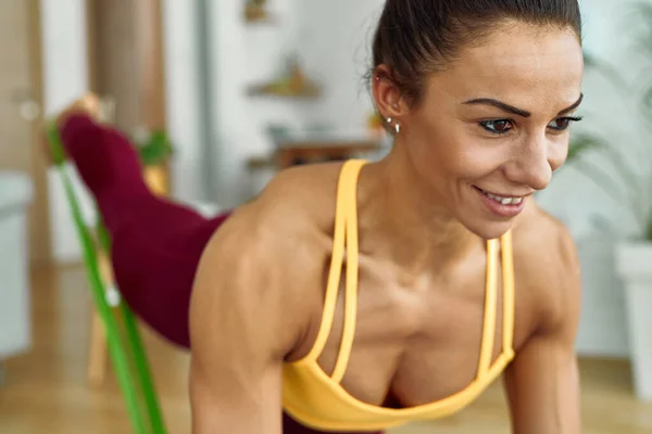 Close Happy Athletic Woman Exercising Resistance Band Home — Foto de Stock