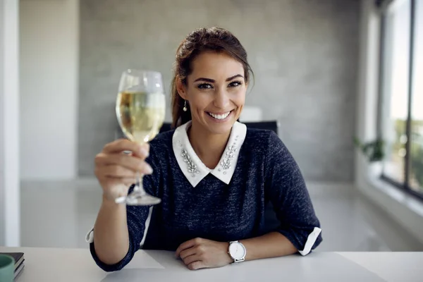 Happy Businesswoman Toasting Wineglass Video Call Looking Camera —  Fotos de Stock