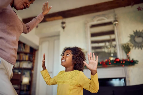 Happy African American Mother Daughter Playing Having Fun Christmas Home — Foto de Stock