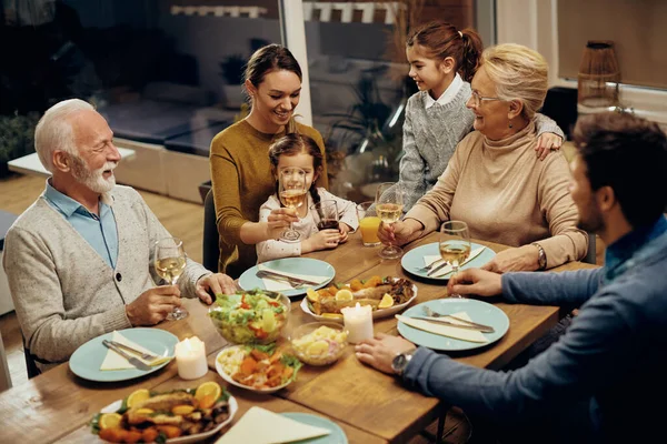 Cheerful Extended Family Communicating While Gathering Dining Table Home — Foto Stock