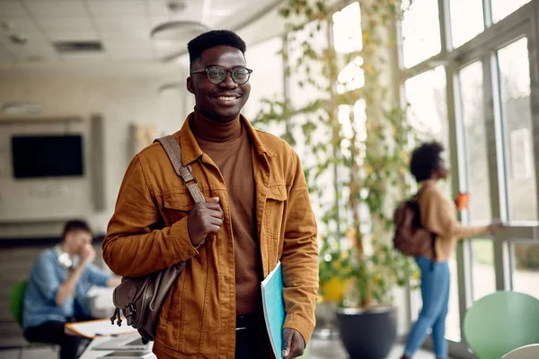 Portrait Happy Black College Student Standing Hallway Looking Camera — Stok fotoğraf