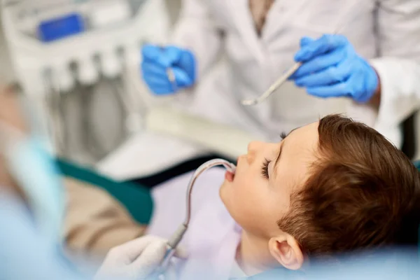 Close Little Boy Getting His Teeth Checked Dental Procedure Dentist — Stockfoto