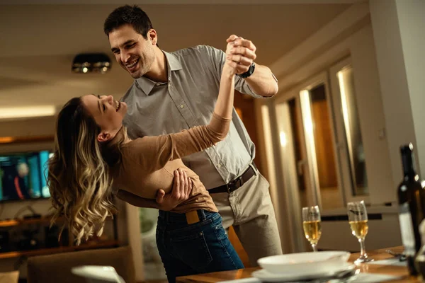 Low Angle View Happy Couple Dancing Having Fun Home — стоковое фото