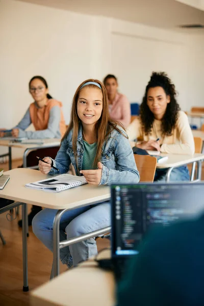 Happy Teenage Girl Communicating Teacher Class High School — Stock Fotó