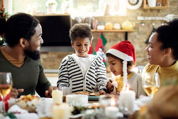 Happy African American Boy His Family Eating Christmas Cookies Dining — ストック写真