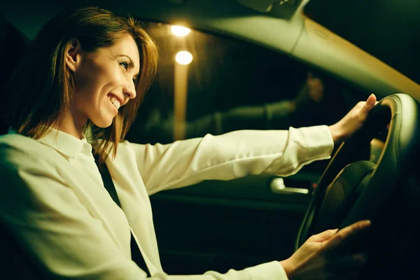 Happy Woman Steering Wheel Driving Car Night City — 图库照片