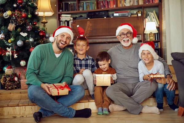 Portrait Happy Male Members Extended Family Enjoying Christmas Home — ストック写真