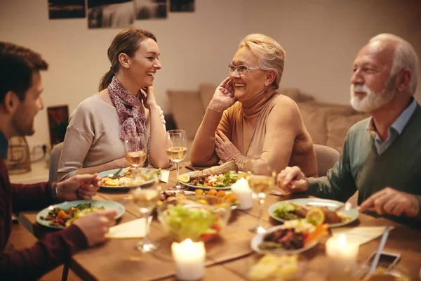 Happy Family Having Fun Talking While Having Dinner Dining Table — Foto Stock