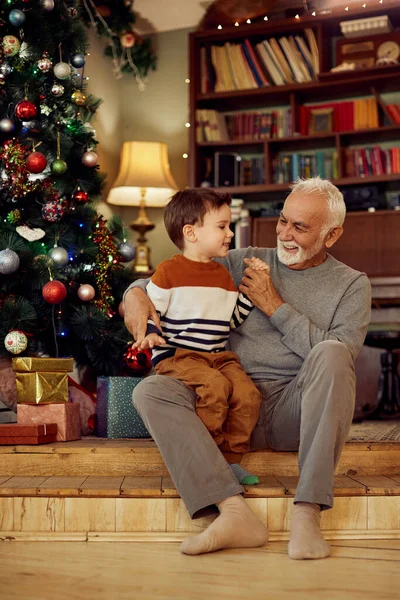Happy Senior Man Enjoying His Grandson Christmas Day Home — Stok fotoğraf