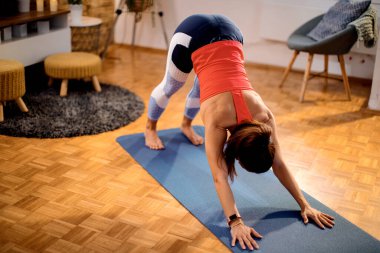 Female athlete practicing downward facing dog Yoga pose while exercising at home. 