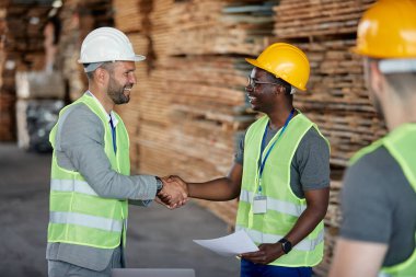 Happy businessman greeting an African American warehouse worker while visiting wood storage department. 