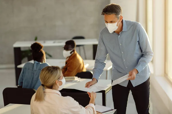 Happy Professor Wearing Face Mask While Giving Test Results Female — Foto Stock