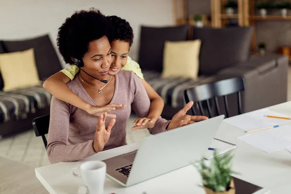 Happy African American Mother Son Waving While Using Laptop Talking — Photo