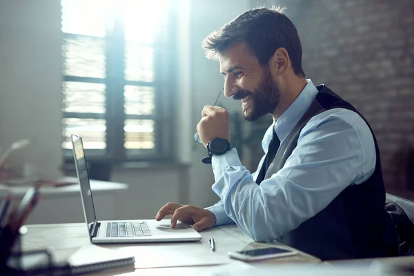 Side View Happy Businessman Using Computer While Working Office — Photo