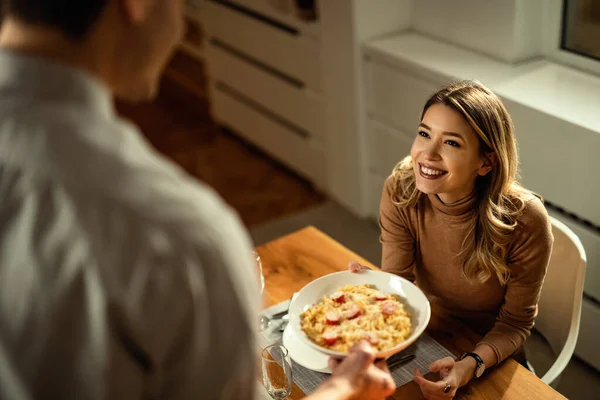 High Angle View Happy Woman Enjoying While Boyfriend Serving Her — стоковое фото