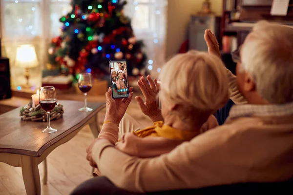 Close Multi Generation Family Making Video Call While Congratulating Christmas — Photo