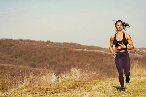 Full Length Determined Female Athlete Running While Exercising Nature Copy — Stock Fotó