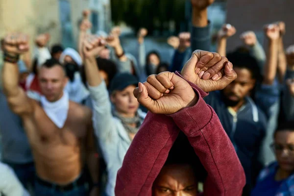 Close Crowd People Clenched Fists Head Protesting Streets — Stock fotografie